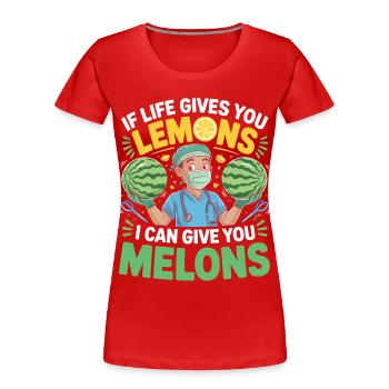 Melon Doctor Humor Print - Women's Premium Organic T-Shirt - red - Front - Mia (176cm)