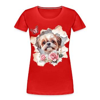 Shih Tzu mit Schmetterling - Frauen Premium Bio T-Shirt - Rot - Vorne - Mia (176cm)