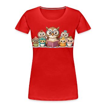 Niedliche Eulenfamilie liest gemeinsam Geschichte Kunst - Frauen Premium Bio T-Shirt - Rot - Vorne - Mia (176cm)