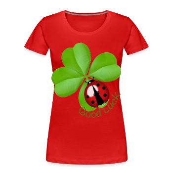 Good Luck Clover with Ladybug | Lucky Charm Art - Women's Premium Organic T-Shirt - red - Front - Mia (176cm)