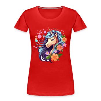 Licorne bleue avec couronne florale - T-shirt bio Premium Femme - rouge - Devant - Mia (176cm)