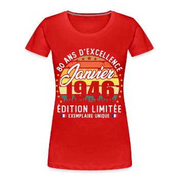 January 1946 Vintage 80 Year Anniversary Gift - Women's Premium Organic T-Shirt - red - Front - Mia (176cm)