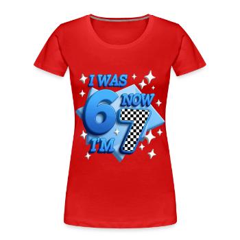 67 Six Sept À damier bleu J’étais Maintenant je suis - T-shirt bio Premium Femme - rouge - Devant - Mia (176cm)