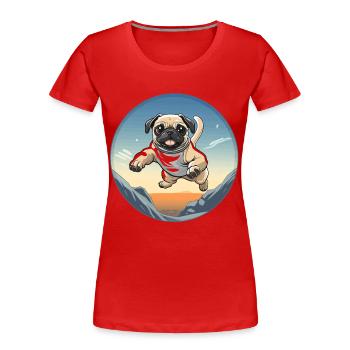 Pug Sprung über Berglandschaft - Frauen Premium Bio T-Shirt - Rot - Vorne - Mia (176cm)