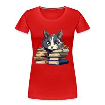 Bücherstapel Katze Bibliophile - Frauen Premium Bio T-Shirt - Rot - Vorne - Mia (176cm)