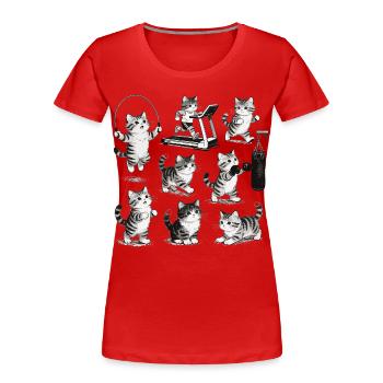 Retro Fitness Katze – Vintage Gym Kreuzheben - Frauen Premium Bio T-Shirt - Rot - Vorne - Mia (176cm)