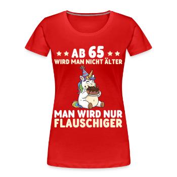 Licorne pour 65 ans – On devient encore plus doux - T-shirt bio Premium Femme - rouge - Devant - Mia (176cm)