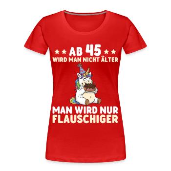Licorne pour 45 ans – On devient encore plus duveteux - T-shirt bio Premium Femme - rouge - Devant - Mia (176cm)