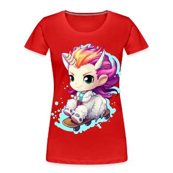 Rainbow Unicorn on skateboard - Women's Premium Organic T-Shirt - red - Front - Mia (176cm)