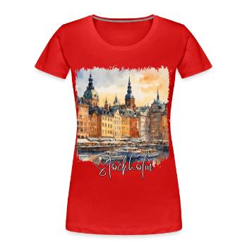 Stockholm Aquarell, Stockholm Schweden - Frauen Premium Bio T-Shirt - Rot - Vorne - Mia (176cm)