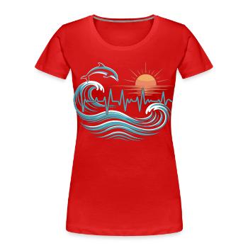Sea Heart Line Shirt – Dolphin & Waves Motif - Women's Premium Organic T-Shirt - red - Front - Mia (176cm)