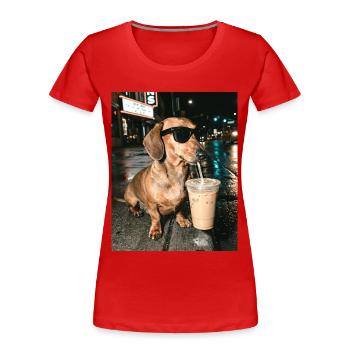 Dackel trink Eiskaffee, Lustiges Dackel Foto - Frauen Premium Bio T-Shirt - Rot - Vorne - Mia (176cm)