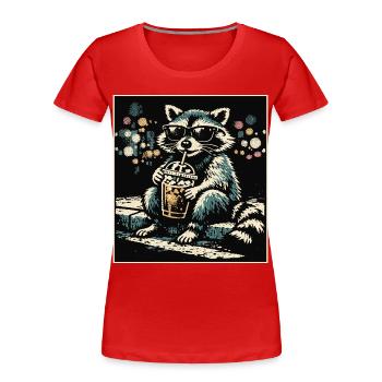 Lustiger Waschbär trinkt Eiskaffee - Frauen Premium Bio T-Shirt - Rot - Vorne - Mia (176cm)