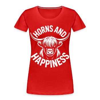 Vache des Highlands / Bœuf des Highlands – J’adore les Highlands - T-shirt bio Premium Femme - rouge - Devant - Mia (176cm)
