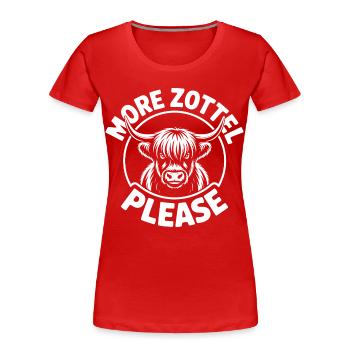 Vache des Highlands / Bœuf des Highlands – J’adore les Highlands - T-shirt bio Premium Femme - rouge - Devant - Mia (176cm)