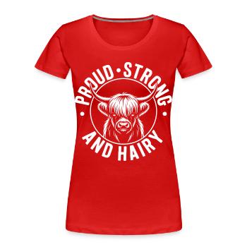 Vache des Highlands / Bœuf des Highlands – J’adore les Highlands - T-shirt bio Premium Femme - rouge - Devant - Mia (176cm)