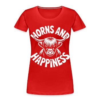 Vache des Highlands / Bœuf des Highlands – J’adore les Highlands - T-shirt bio Premium Femme - rouge - Devant - Mia (176cm)
