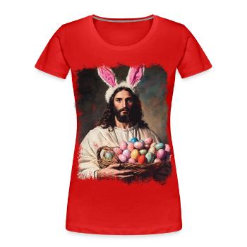 Easter funny Jesus Christ with Easter eggs - Women's Premium Organic T-Shirt - red - Front - Mia (176cm)
