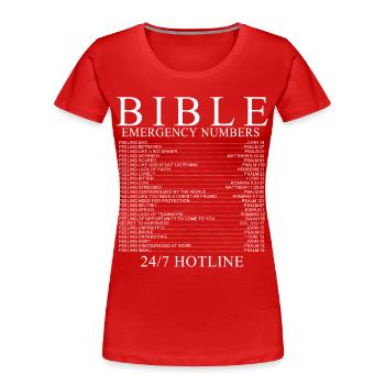 Bible Emergency Numbers Shirt - Women's Premium Organic T-Shirt - red - Front - Mia (176cm)