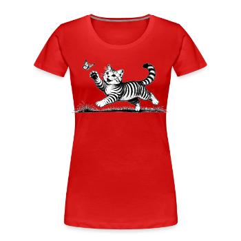 Cat playing with butterfly black and white - Women's Premium Organic T-Shirt - red - Front - Mia (176cm)