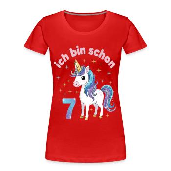 7. Geburtstag Einhorn Mädchen Ich bin schon 7 - Frauen Premium Bio T-Shirt - Rot - Vorne - Mia (176cm)