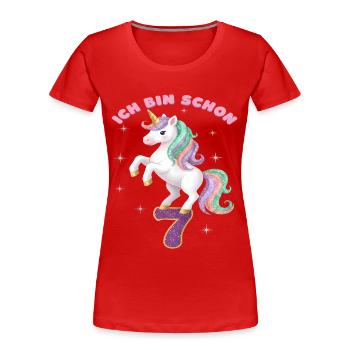 7. Geburtstag Einhorn Mädchen Ich bin schon 7 - Frauen Premium Bio T-Shirt - Rot - Vorne - Mia (176cm)