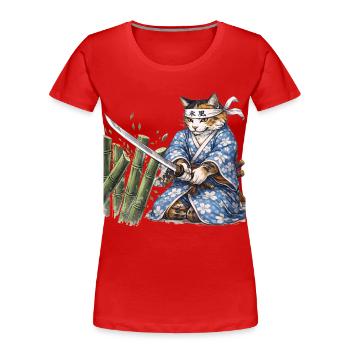 Samurai Cat with Katana – Japanese Ukiyo-e Style - Women's Premium Organic T-Shirt - red - Front - Mia (176cm)