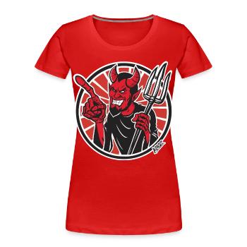 Lustiges Maskottchen-Abzeichen des roten Dämons mit Mistgabel - Frauen Premium Bio T-Shirt - Rot - Vorne - Mia (176cm)