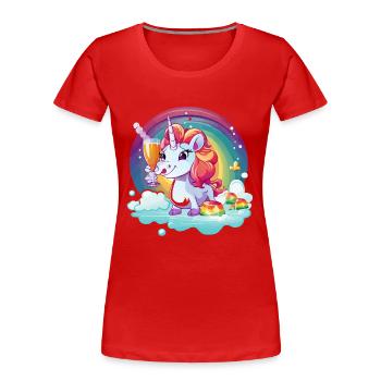 Regenbogen‑Unicorn Feierglanz - Frauen Premium Bio T-Shirt - Rot - Vorne - Mia (176cm)