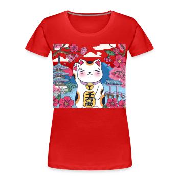 Kawaii Lucky Cat Maneki Neko Kirschblüte - Frauen Premium Bio T-Shirt - Rot - Vorne - Mia (176cm)