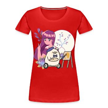 Kawaii Artist & Pig in Wheelchair - Women's Premium Organic T-Shirt - red - Front - Mia (176cm)