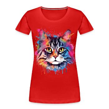 Bunte Splash-Art: Amerikanischer Bobtail-Katzenkopf - Frauen Premium Bio T-Shirt - Rot - Vorne - Mia (176cm)