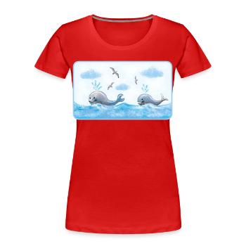 Wale im blauen Meer - handgemalt Wasserfarben - Frauen Premium Bio T-Shirt - Rot - Vorne - Mia (176cm)