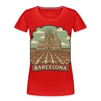 Badge de voyage rétro de la Sagrada Familia de Barcelone - T-shirt bio Premium Femme - rouge - Devant - Mia (176cm)