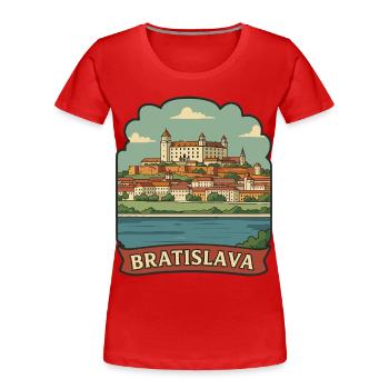 Bratislava Castle Slovakia Retro Travel Sticker - Women's Premium Organic T-Shirt - red - Front - Mia (176cm)
