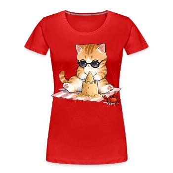 😸 🏖 Katze am Strand mit Sandburg - Frauen Premium Bio T-Shirt - Rot - Vorne - Mia (176cm)