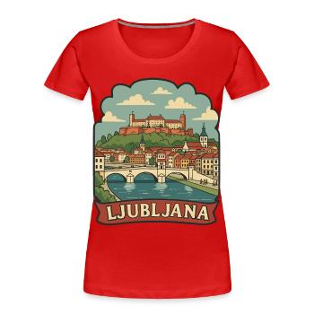 Ljubljana Slovenia Castle Vintage Travel Badge - Women's Premium Organic T-Shirt - red - Front - Mia (176cm)