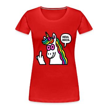 Regenbogen Unicorn Mittelfinger - Frauen Premium Bio T-Shirt - Rot - Vorne - Mia (176cm)