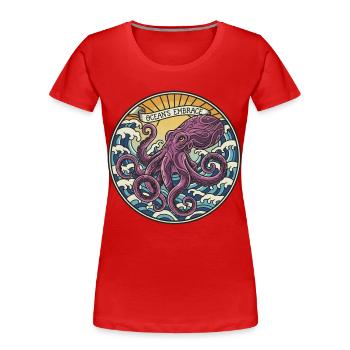 Pieuvre Kraken Vintage Ocean Embrace Badge - T-shirt bio Premium Femme - rouge - Devant - Mia (176cm)