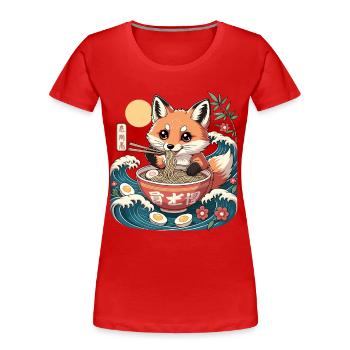 Cute Fox Eating Ramen Bowl Kawaii Kanji Waves - Women's Premium Organic T-Shirt - red - Front - Mia (176cm)