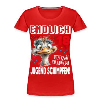 Endlich 18: Strauß Vogel Geburtstag Birthday - Frauen Premium Bio T-Shirt - Rot - Vorne - Mia (176cm)