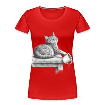 Naught Cat Pencil Sketch - Women's Premium Organic T-Shirt - red - Front - Mia (176cm)