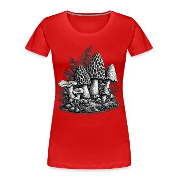 Linogravure vintage aux champignons forestiers - T-shirt bio Premium Femme - rouge - Devant - Mia (176cm)