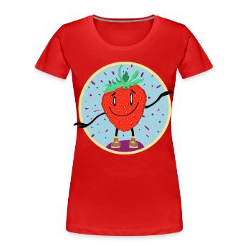 Fröhliche tanzende Erdbeere Cartoon  - Frauen Premium Bio T-Shirt - Rot - Vorne - Mia (176cm)