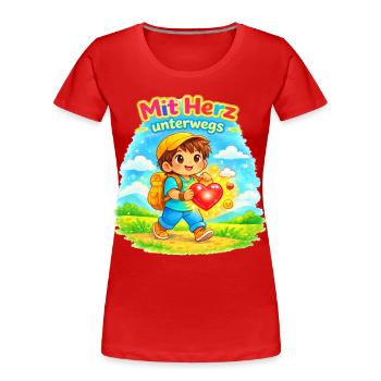  Mit Herz unterwegs - macht die Welt besser - Frauen Premium Bio T-Shirt - Rot - Vorne - Mia (176cm)