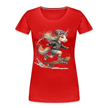 Skater Einhorn mit Regenbogen-Mähne - Frauen Premium Bio T-Shirt - Rot - Vorne - Mia (176cm)