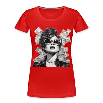 Woman with sunglasses leather jacket money - Women's Premium Organic T-Shirt - red - Front - Mia (176cm)