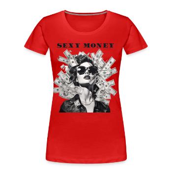 Woman with sunglasses leather jacket money - Women's Premium Organic T-Shirt - red - Front - Mia (176cm)