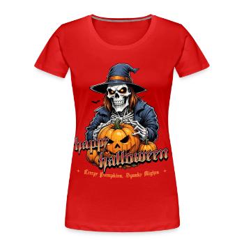 Halloween skull with pumpkins and hood - Women's Premium Organic T-Shirt - red - Front - Mia (176cm)