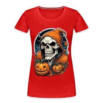 Halloween skull with pumpkins and hood - Women's Premium Organic T-Shirt - red - Front - Mia (176cm)